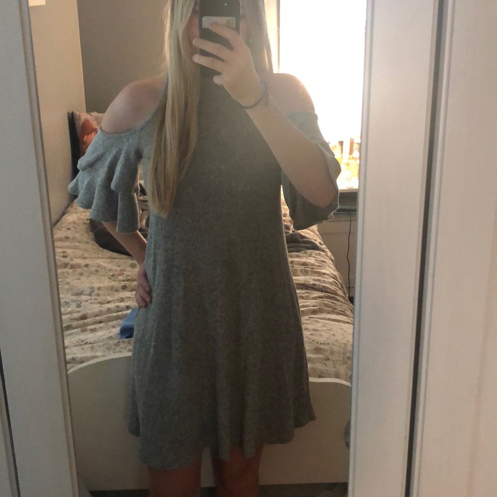 Grey ruffled sweater dress